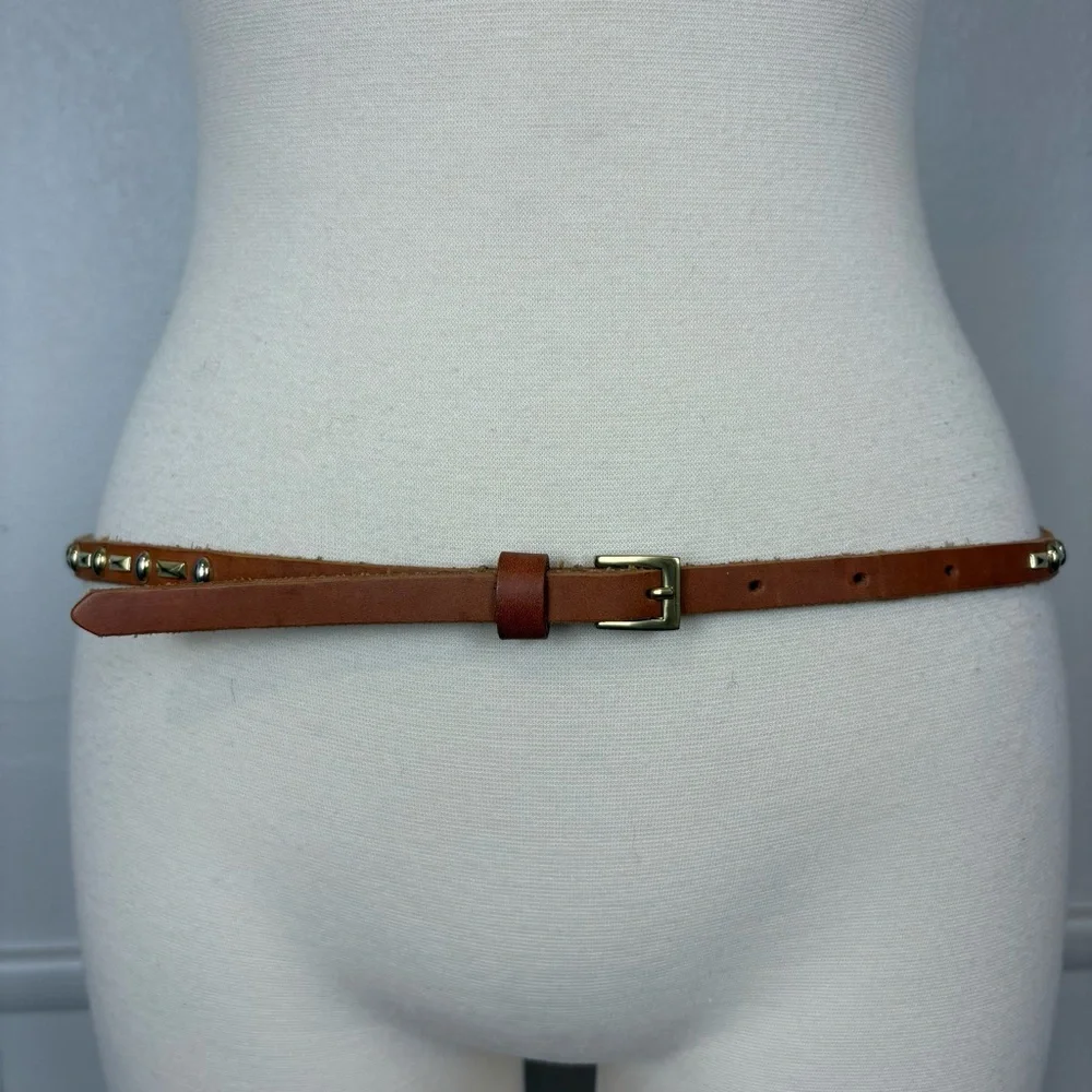 Light Brown Tan Leather Belt Goldtone‎ Silvertone Studded Skinny Belt Bohemian
